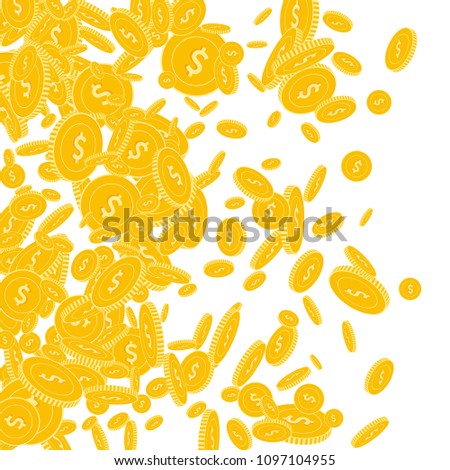 American dollar coins falling. Scattered floating USD coins on white background. Splendid left gradient vector illustration. Jackpot or success concept.