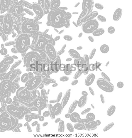 American dollar coins falling. Scattered black and white USD floating coins. Jackpot or success concept. Mesmeric left gradient vector illustration.