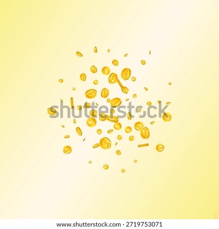 American dollar coins falling. Scattered gold USD coins. USA money. Jackpot wealth or success concept. Square vector illustration.