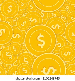 American dollar coins seamless pattern. Grand scattered USD coins. Big win or success concept. USA scattered shadow money pattern. Coin tile vector illustration.