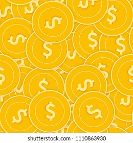 American dollar coins seamless pattern. Flawless scattered USD coins. Big win or success concept. USA chaotic shadow money pattern. Coin tile vector illustration.