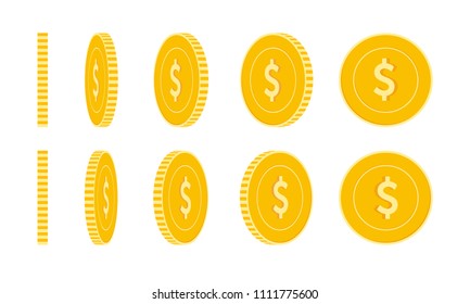 American dollar coins set, animation ready. USD yellow coins rotation. USA metal money in different positions isolated. Fetching cartoon vector illustration.