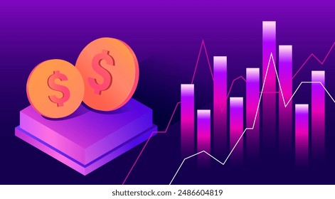 American dollar coins and stock market statistical data, financial economic fluctuations. The design has the concept of stock trading and profit and loss in the world of the stock market. Financial