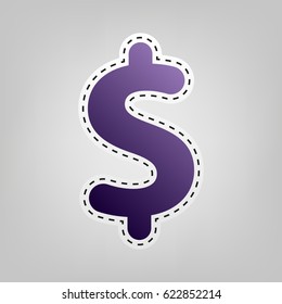 American dollar currency or dollar symbol icon. Vector. Violet icon with outline for cutting out at gray background.