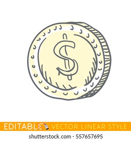 American Dollar. Doodle style international currency symbol coins. Editable line drawing. Stock vector illustration.