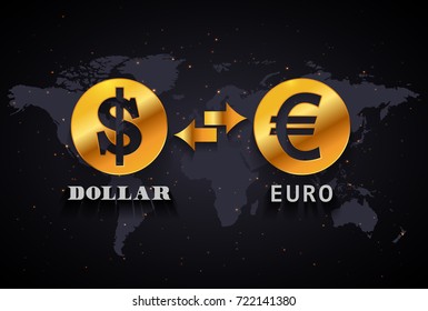 American Dollar to Euro currency exchange infographic template on world map background