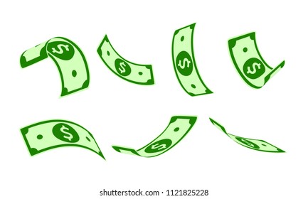 American dollar falling set, animation ready. USD paper notes flying in the air. USA money in seven different positions isolated on white background. Cartoon vector illustration.