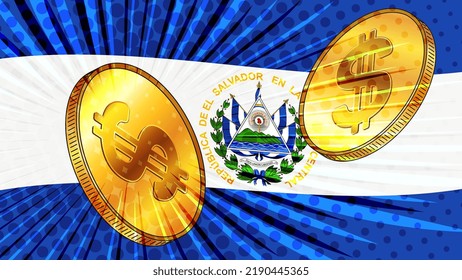 American dollar gold coin with USD currency sign and El Salvador colored flag on background. Currency by Central Bank of El Salvador. Vector illustration.