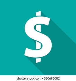 American dollar icon with long shadow. Flat design style. Dollar simple silhouette. Modern flat icon in stylish colors. Web site page and mobile app design vector element.
