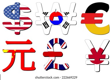 American Dollar Korean Won German Euros Chinese Yuan British Pounds and Japanese Yen flag symbols vector illustration