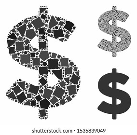 American Dollar mosaic of bumpy pieces in various sizes and color tones, based on American Dollar icon. Vector rough pieces are organized into collage.