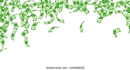 American dollar notes falling. Floating USD bills on white background. USA money. Curious vector illustration. Excellent jackpot, wealth or success concept.