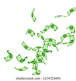 American dollar notes falling. Floating USD bills on white background. USA money. Comely vector illustration. Valuable jackpot, wealth or success concept.