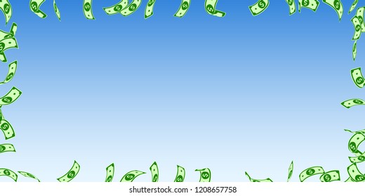 American dollar notes falling. Floating USD bills on blue sky background. USA money. Curious vector illustration. Fine jackpot, wealth or success concept.