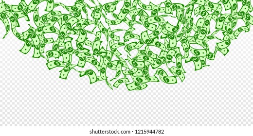 American dollar notes falling. Floating USD bills on transparent background. USA money. Cute vector illustration. Bewitching jackpot, wealth or success concept.