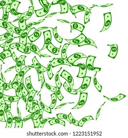 American dollar notes falling. Floating USD bills on white background. USA money. Comely vector illustration. Modern jackpot, wealth or success concept.