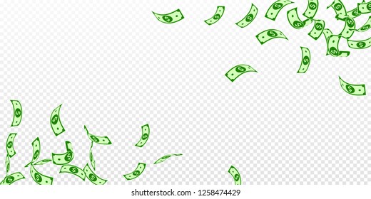 American dollar notes falling. Floating USD bills on transparent background. USA money. 