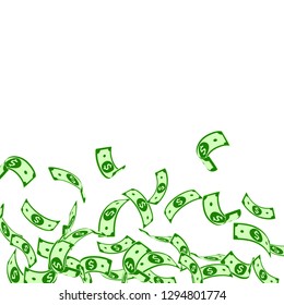 American dollar notes falling. Floating USD bills on white background. USA money. Cool vector illustration. Lovely jackpot, wealth or success concept.