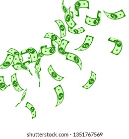 American dollar notes falling. Floating USD bills on white background. USA money. Comely vector illustration. Stylish jackpot, wealth or success concept.