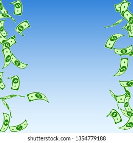 American dollar notes falling. Floating USD bills on blue sky background. USA money. Comely vector illustration. Positive jackpot, wealth or success concept.