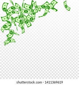 American dollar notes falling. Floating USD bills on transparent background. USA money. Creative vector illustration. Tempting jackpot, wealth or success concept.