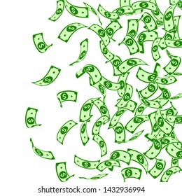 American dollar notes falling. Floating USD bills on white background. USA money. Cool vector illustration. Appealing jackpot, wealth or success concept.
