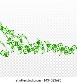 American dollar notes falling. Floating USD bills on transparent background. USA money. Creative vector illustration. Likable jackpot, wealth or success concept.