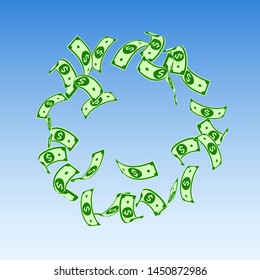 American dollar notes falling. Floating USD bills on blue sky background. USA money. Cool vector illustration. Captivating jackpot, wealth or success concept.
