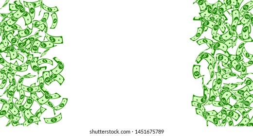 American dollar notes falling. Floating USD bills on white background. USA money. Curious vector illustration. Likable jackpot, wealth or success concept.