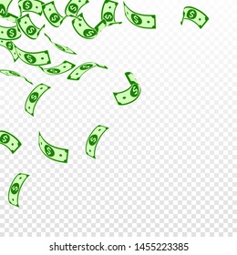 American dollar notes falling. Floating USD bills on transparent background. USA money. Creative vector illustration. Exquisite jackpot, wealth or success concept.