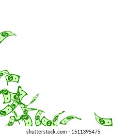 American dollar notes falling. Floating USD bills on white background. USA money. Classy vector illustration. Good-looking jackpot, wealth or success concept.