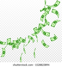 American dollar notes falling. Floating USD bills on transparent background. USA money. Classy vector illustration. Surprising jackpot, wealth or success concept.