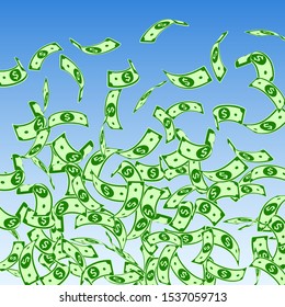 American dollar notes falling. Floating USD bills on blue sky background. USA money. Comely vector illustration. Astonishing jackpot, wealth or success concept.