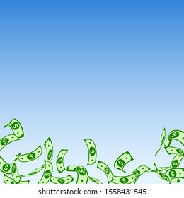 American dollar notes falling. Floating USD bills on blue sky background. USA money. Classy vector illustration. Exquisite jackpot, wealth or success concept.