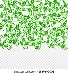 American dollar notes falling. Floating USD bills on transparent background. USA money. Creative vector illustration. Quaint jackpot, wealth or success concept.