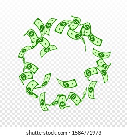 American dollar notes falling. Floating USD bills on transparent background. USA money. Cool vector illustration. Charming jackpot, wealth or success concept.