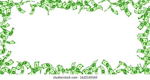 American dollar notes falling. Floating USD bills on white background. USA money. Curious vector illustration. Surprising jackpot, wealth or success concept.