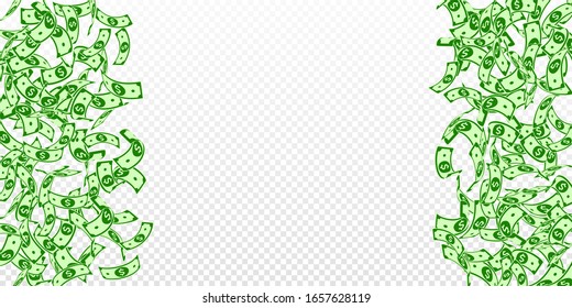 American dollar notes falling. Floating USD bills on transparent background. USA money. Curious vector illustration. Juicy jackpot, wealth or success concept.