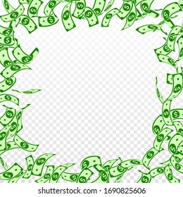 American dollar notes falling. Floating USD bills on transparent background. USA money. Comely vector illustration. Fantastic jackpot, wealth or success concept.