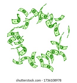 American dollar notes falling. Floating USD bills on white background. USA money. Cool vector illustration. Fantastic jackpot, wealth or success concept.