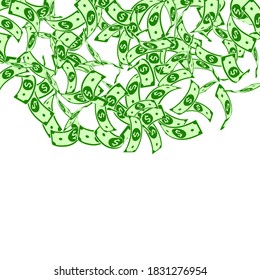 American dollar notes falling. Floating USD bills on white background. USA money. Curious vector illustration. Beauteous jackpot, wealth or success concept.