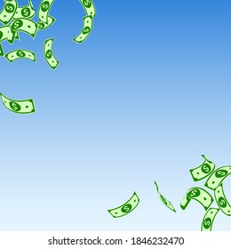 El dólar estadounidense está cayendo. Cuentas flotantes de USD con fondo azul. Dinero estadounidense. Ilustración vectorial genial. Magnífico premio mayor, riqueza o concepto de éxito.