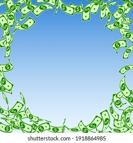 American dollar notes falling. Floating USD bills on blue sky background. USA money. Comely vector illustration. Imaginative jackpot, wealth or success concept.