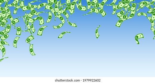 American dollar notes falling. Floating USD bills on blue sky background. USA money. Curious vector illustration. Enchanting jackpot, wealth or success concept.