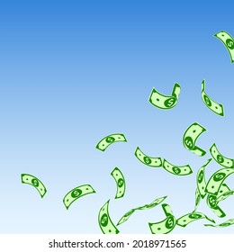 American dollar notes falling. Floating USD bills on blue sky background. USA money. Creative vector illustration. Bewitching jackpot, wealth or success concept.