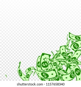 American dollar notes falling. Messy USD bills on transparent background. USA money. Comely vector illustration. Excellent jackpot, wealth or success concept.
