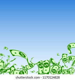 American dollar notes falling. Messy USD bills on blue sky background. USA money. Classy vector illustration. Fabulous jackpot, wealth or success concept.