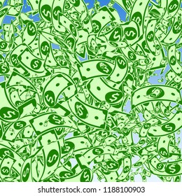 American dollar notes falling. Messy USD bills on blue sky background. USA money. Creative vector illustration. Delicate jackpot, wealth or success concept.