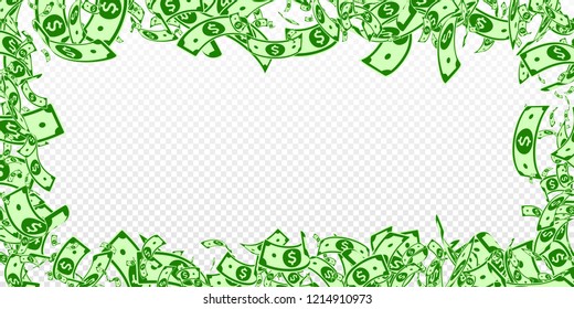 American dollar notes falling. Messy USD bills on transparent background. USA money. Curious vector illustration. Tempting jackpot, wealth or success concept.