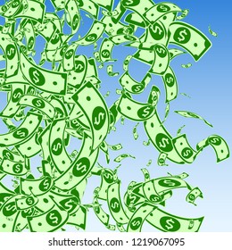 American dollar notes falling. Messy USD bills on blue sky background. USA money. Comely vector illustration. Neat jackpot, wealth or success concept.